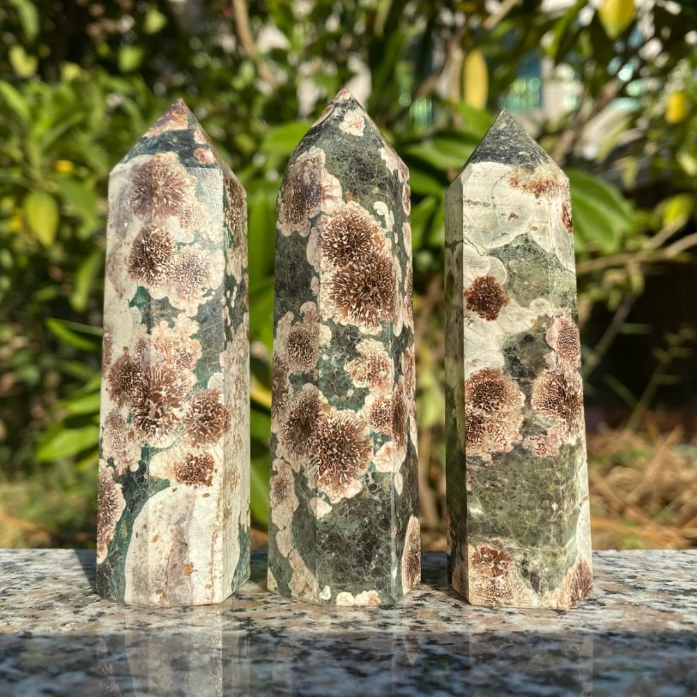 3'' Green Cherry Blossom Agate Point Obelisk Natural Crystal Wand Tower Deco